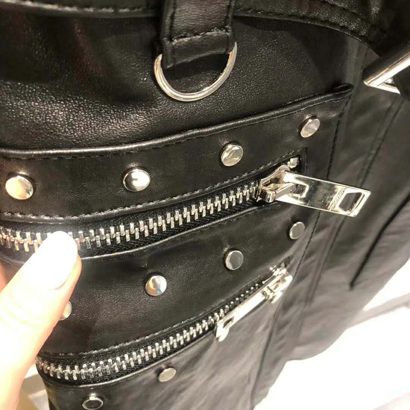 

women'coat spring genuine Long leather jacket sashes 2021 new brand lambskin coats with rivet turn-down collar streetwear