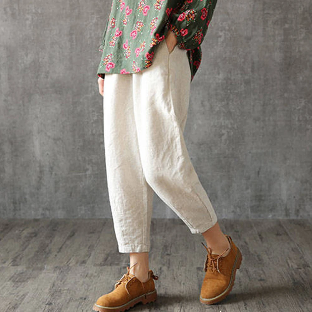 Брюки женские повседневные длинные до щиколотки однотонные хлопково-льняные
