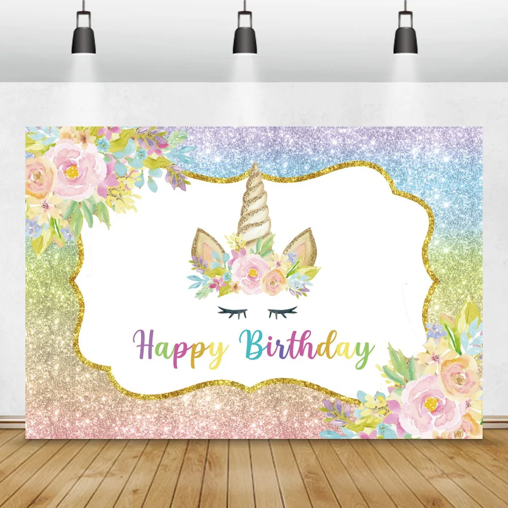 

Unicorn Background Child Happy Birthday Shiny Glitters Floret Baby Shower Portrait Photocall Family Party Photography Backdrop