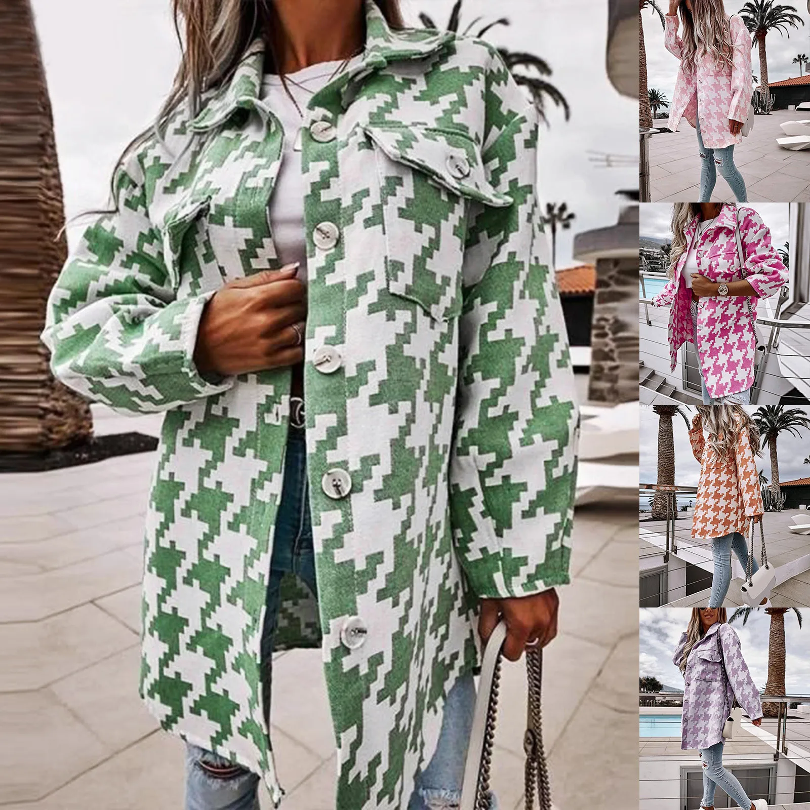 

Женское шерстяное пальто, с длинным рукавом, с рисунком гусиные лапки, винтажная куртка с карманами на пуговицах, Осень-зима