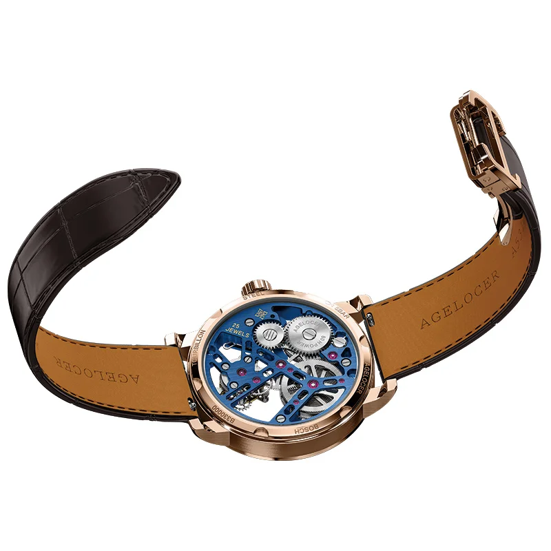 Оригинальные часы AGELOCER Tourbillon мужские с сапфирово голубым скелетонным