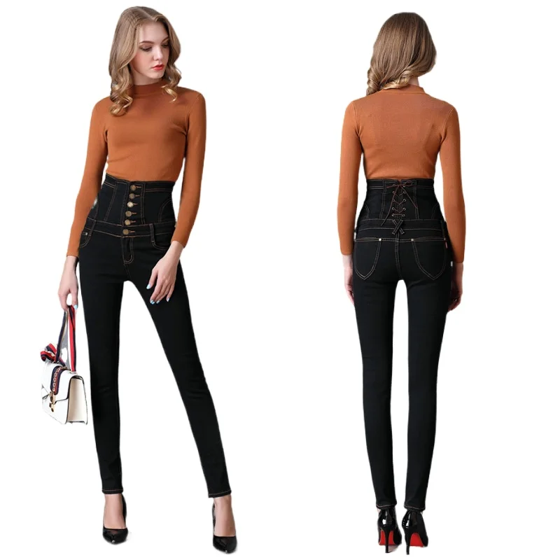 

2021 Spring New plus size women's high-waist jeans Elasticity Breasted Slimming sexy trousers ladies Cotton soft pencil pants