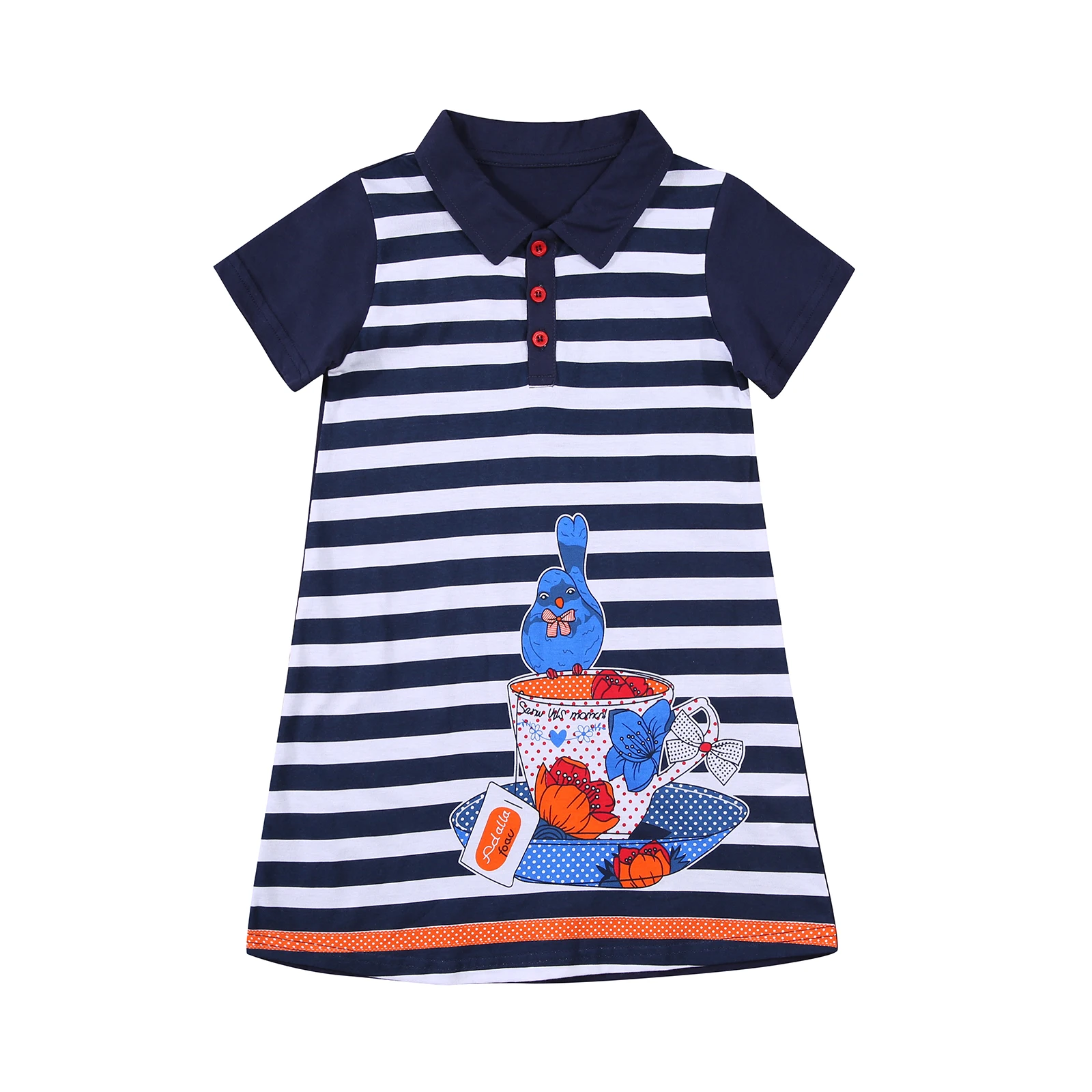 

Lovely Toddler Baby Girls T-shirt Dress with Horizontal Short Sleeve Striped Cartoon Print Button Decoration Summer Clothing