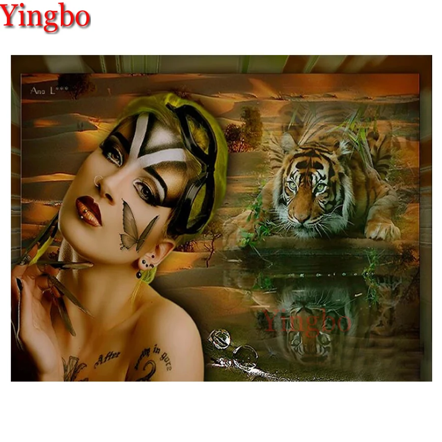 

Full square round diamond painting Abstract Woman Tiger diamond embroidery rhinestone mosaic diamond inlaid pattern wall decor