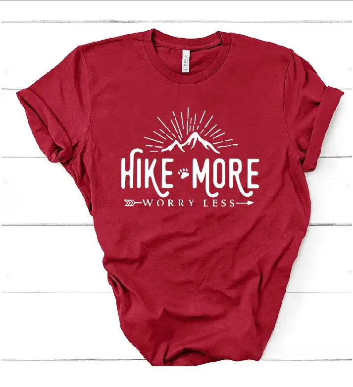 Hike More Worry Less футболка на открытом воздухе Wanderlust Футболка женская Стрела Приключения Кемпинг природа Топ Футболка короткий рукав женские топы - Цвет: red t white words