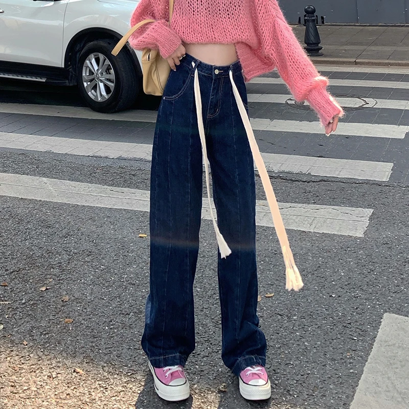 

2021 уличная одежда женские модные джинсы с высокой талией женские брюки с широкими штанинами для девочек брюки с поясом джинсовая сумка джин...