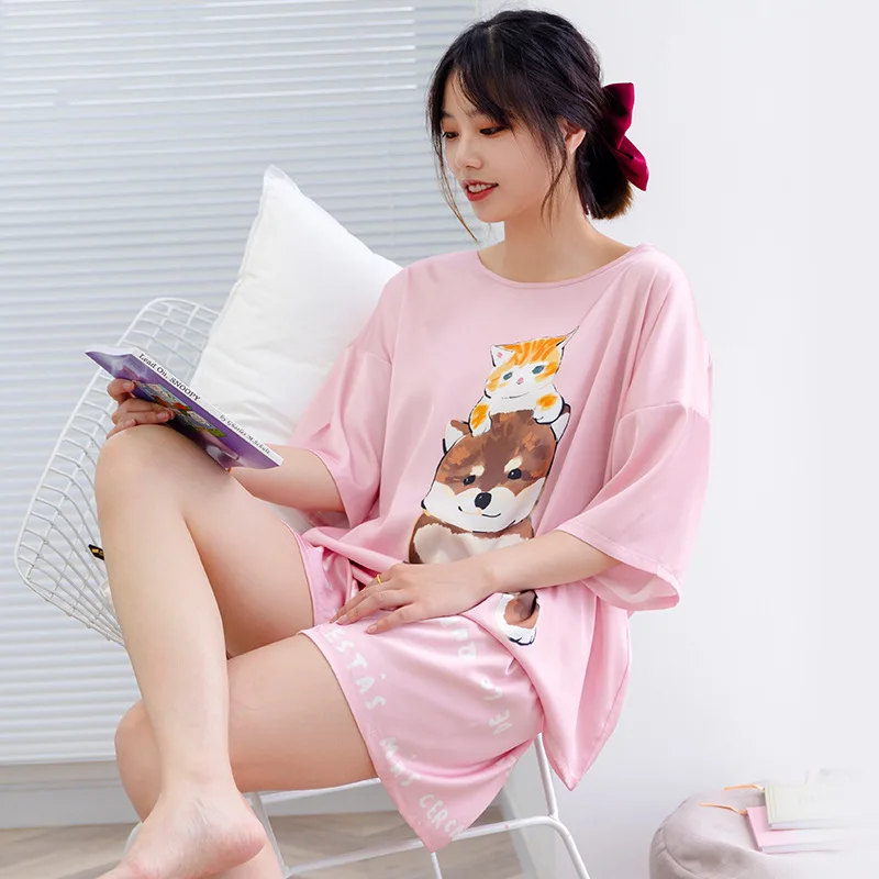 

New Satin Chiffon Women Pajamas Set Casual T-Shirts+Shorts Fashion Sexy Sweet Cool Refresh Sleepwear Classic Soft Loose Homewear