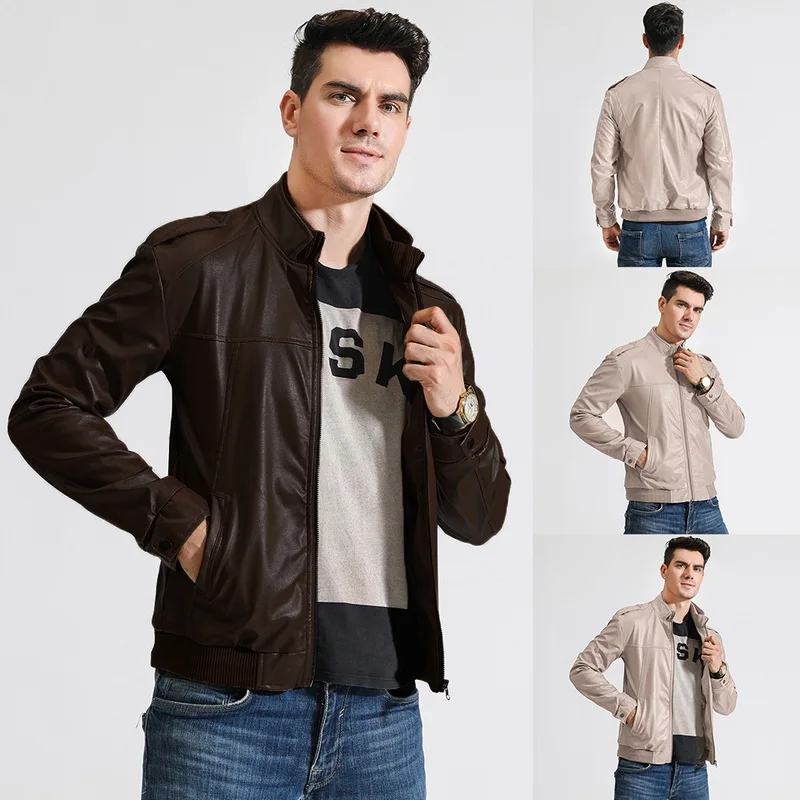2019 мужские кожаные куртки модные с длинным рукавом на молнии ветровки зимние