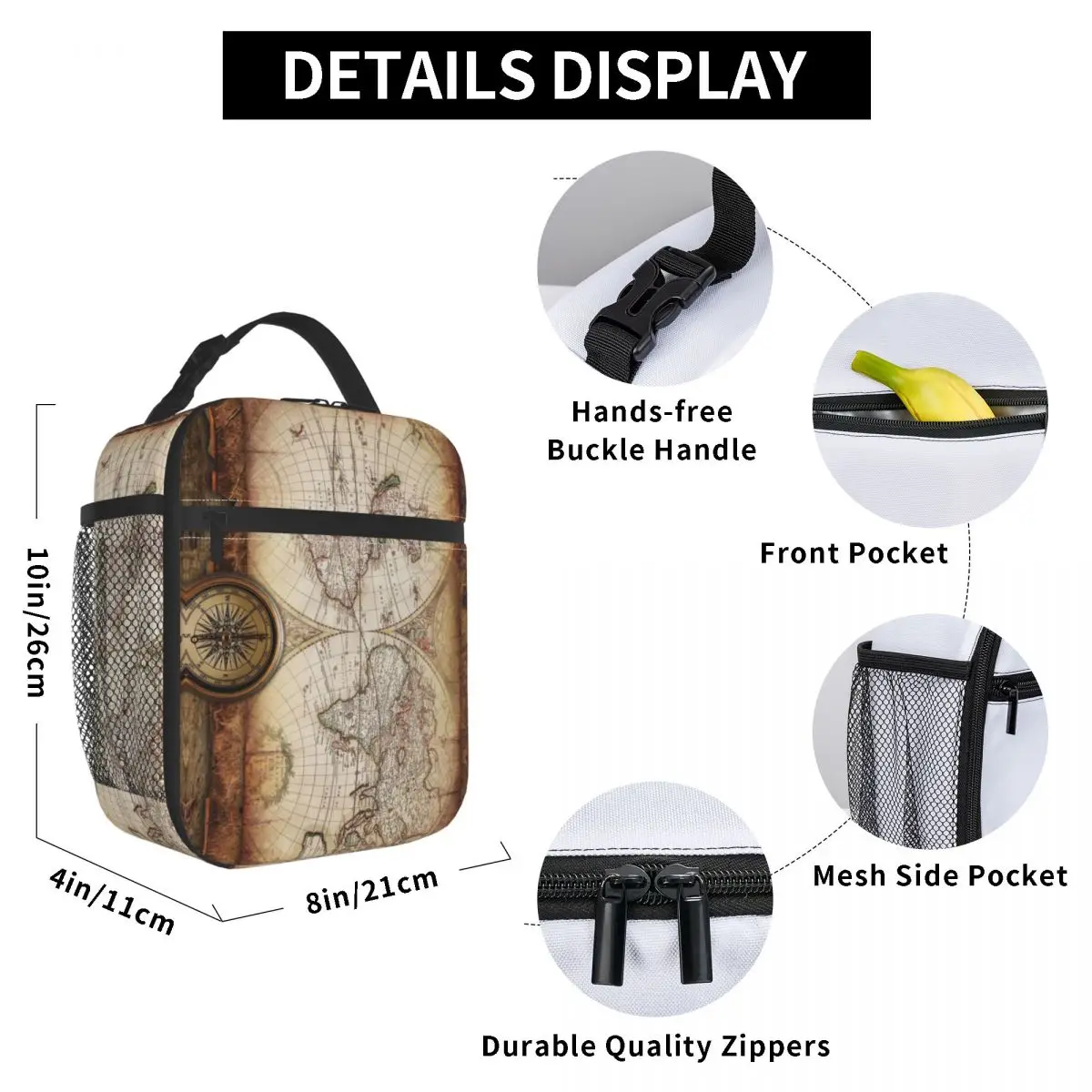 

Wood Look World Map Lunch Bag for Women Men Large Insulated Lunch Box with Water Bottle Holder and Pockets