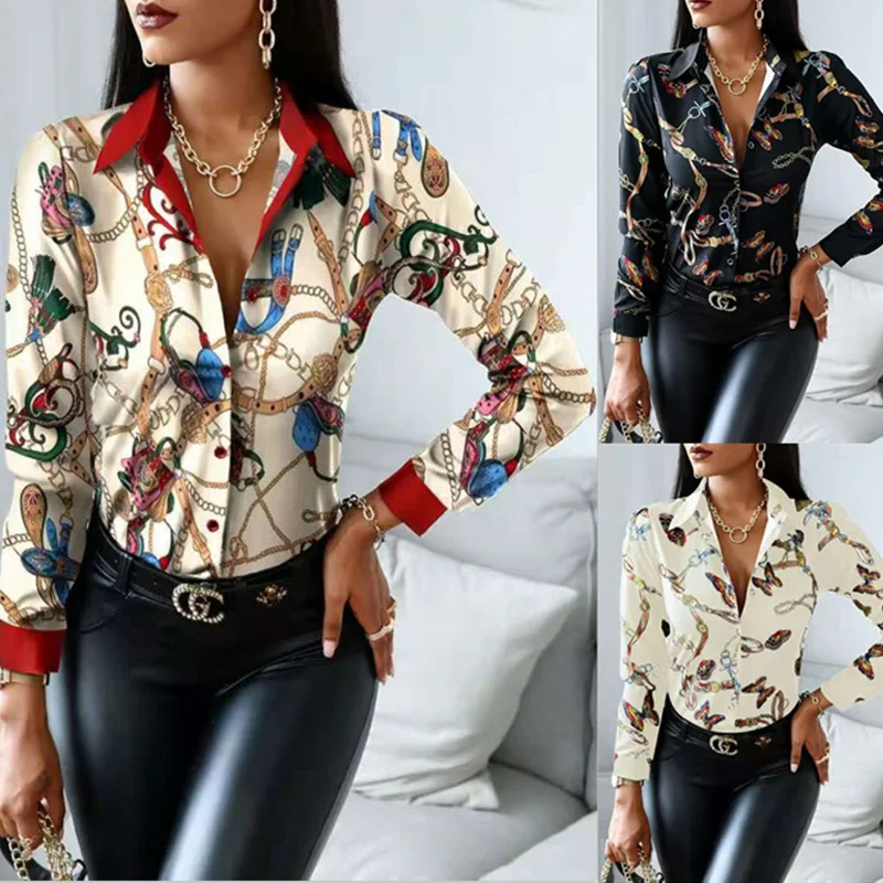 

Print Long Sleeve Slim Blouse Chains Loose Casual Shirts Womens Tops New Design Spring Fall Ladies Blouses
