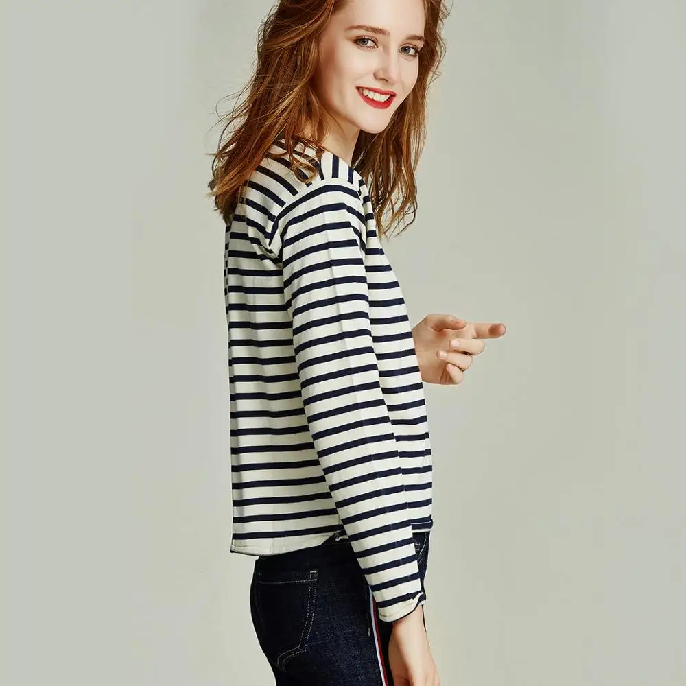 Женская футболка с длинными рукавами HAVVA черно белая в полоску из 100% хлопка