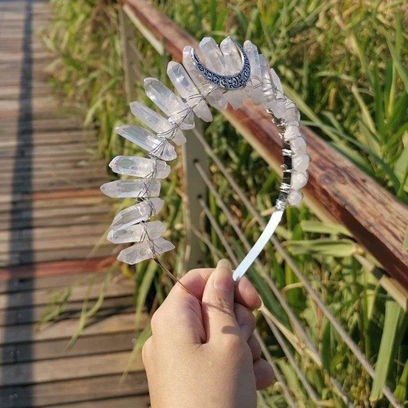 

Bridal Jewelry Crescent Moon Tiara Crown Rainbow Raw Quartz Crystal Headband