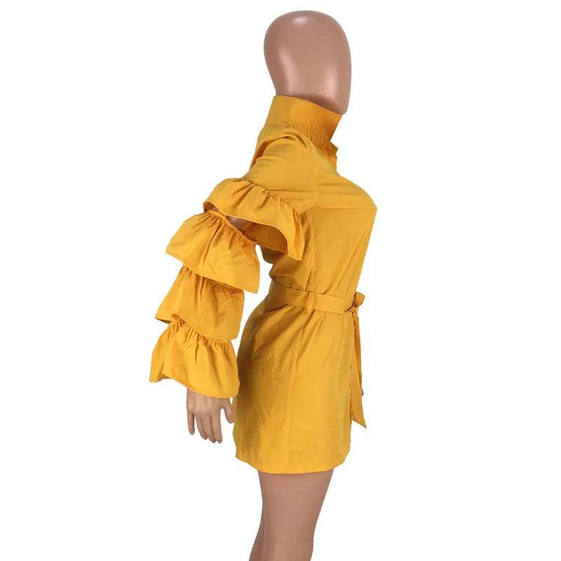 

Women Solid Shirt Dress Buttoned Lantern Sleeve Wrapped Shirt Dress Turn Down Collar Chic Spring Fall Mini Casual Dresses