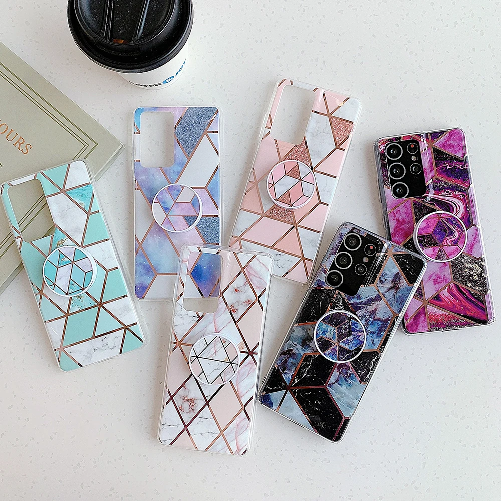 

Plating Marble Phone Case For Samsung S20FE S21 S10 S8 S9 Plus A51 A21S A50 A71 Flexible Folded Holder Soft Back Cover