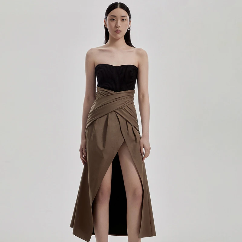

TWOTWINSTYLE Solid Asymmetrical Hem High-waisted Skirt Female Fold Pleated A Line Midi Women's Skirts 2021 Summer Fashion New