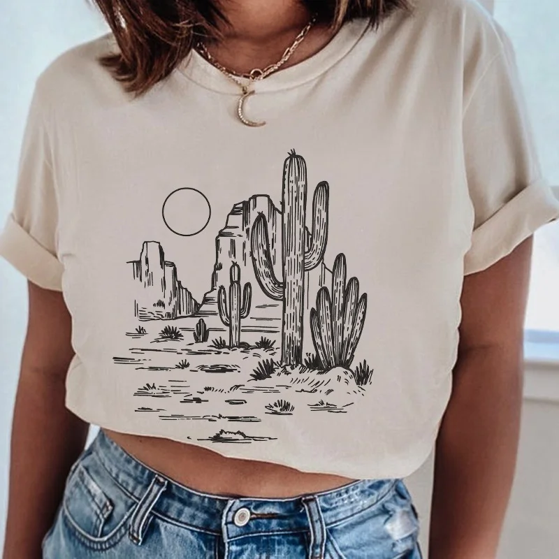 

Sunset Cactus Printed Loose T Shirts Women Summer Harajuku Cotton T- Shirt Short Sleeve Wild Tee Tops Plus Size Streetwear
