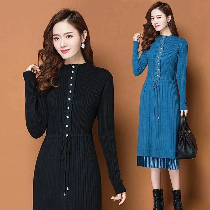 

Knitted Long Sleeve Dress Women 2021 Autumn Winter Korean Elegant Ladies Button Half Turtleneck Sweater Midi Pleated Dresses