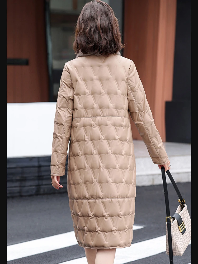 New Women Sheepskin Down Overcoat Autumn Winter 2022 Fashion Warm Mink Fur Collar Loose Leather Down Coat Thick Long Fur Coat