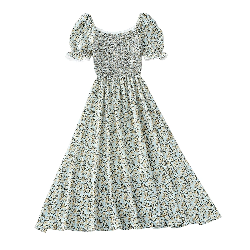 

Kimutomo French Vintage Floral Mini Dress Summer Women Fashion Square Collar Elastic High Waist Elegant Vestido De Mujer
