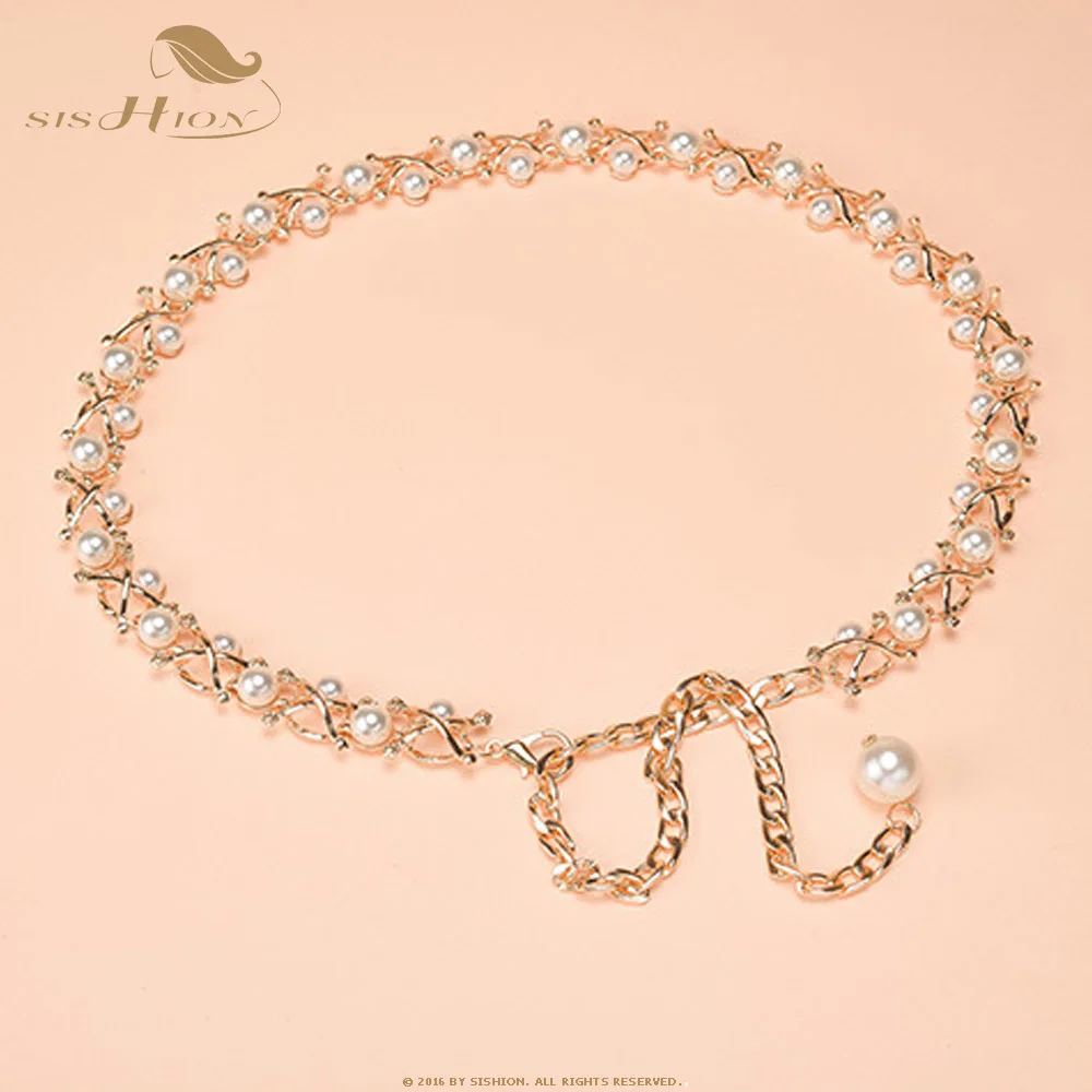 

SISHION Elegant Women Pearl Metal Belt Waist Belt QY0313 Elastic Pearl Chain Belt Femme Girls Dress