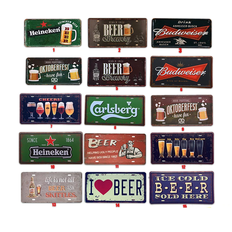 

Beer Tin Sign Metal Car Plate License Vintage Shabby Pub Bar Wall Plaques Posters Restaurant Rome Decor Metal Hanging Paintings