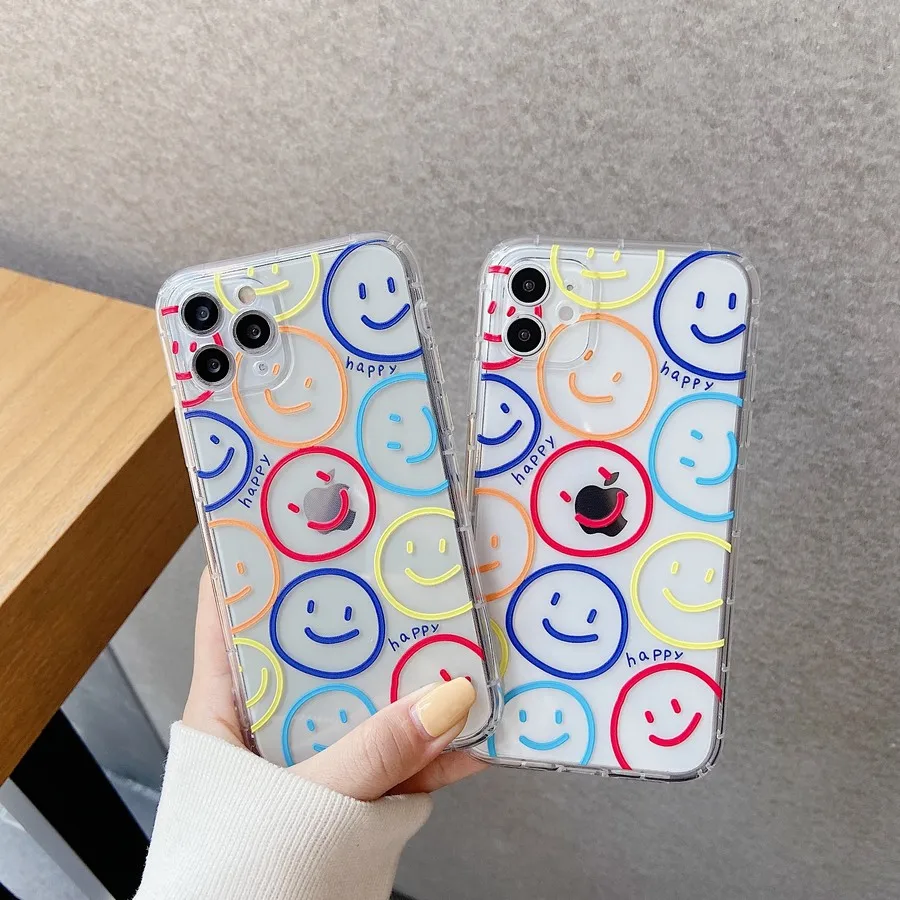 

Phone Cover For 13 7 8 Plus 12 Pro Max XR XS iPhone 11 Case Colorful Smile Face Shockproof Transparent TPU Soft Protective
