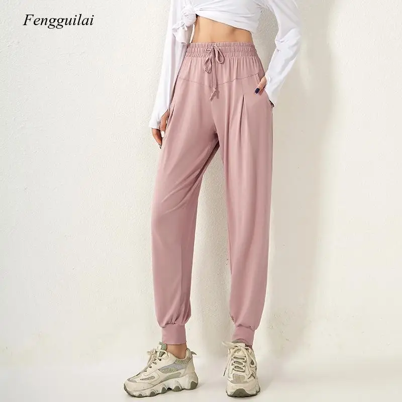 Winter Sports Leisure Pants Solid Color Pocket Thin Women Loose Legged Running Fitness Fast Dry High Waist
