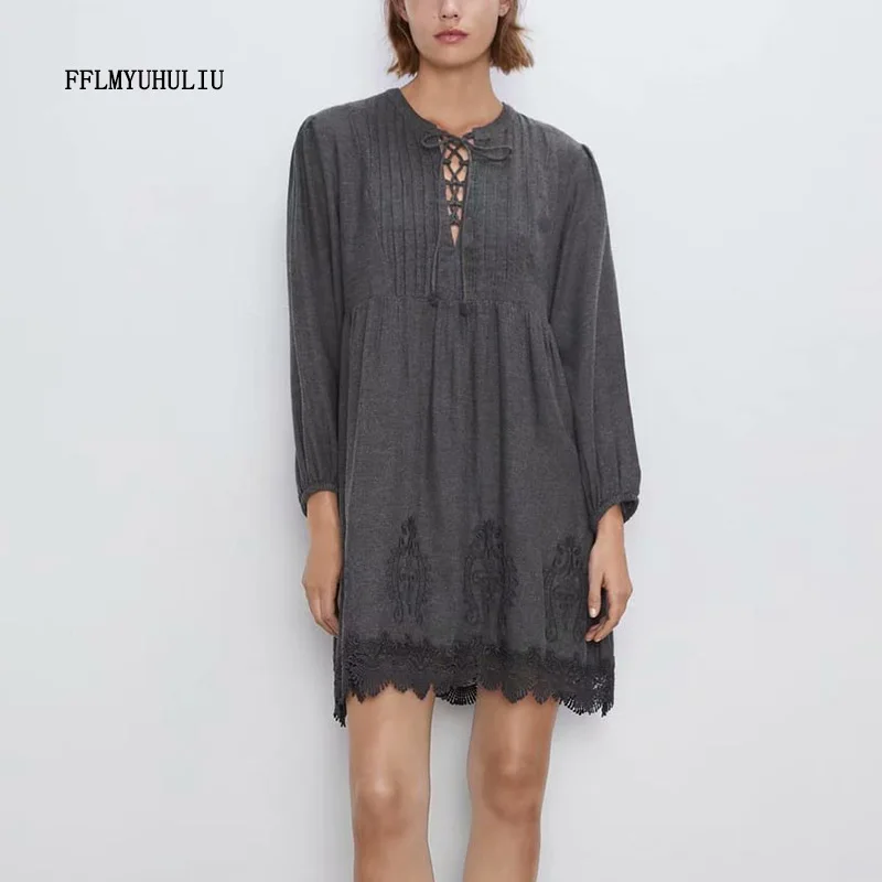 Осеннее Новое модное женское платье с круглым вырезом вышивкой кружевом и