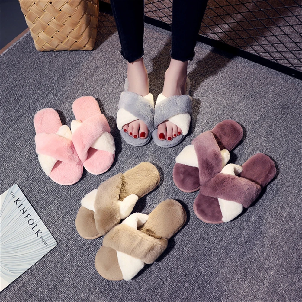 Зимние женские домашние тапочки из искусственного меха модная теплая обувь на