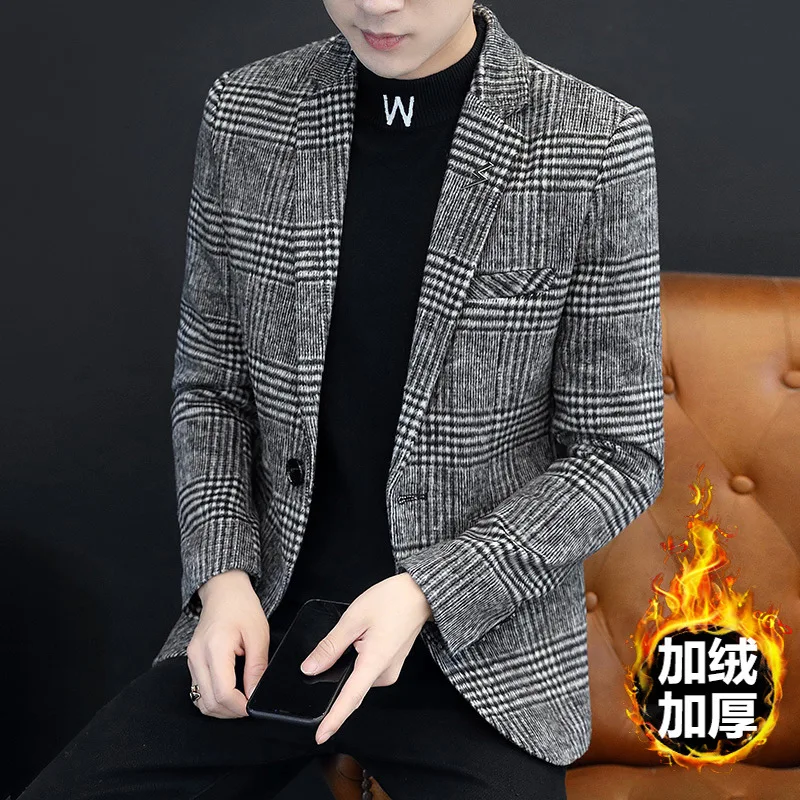 HOO 2021 Men's Autumn and Winter Casual Plaid Suit Fleece-Lined Slim Woolen blazer | Мужская одежда