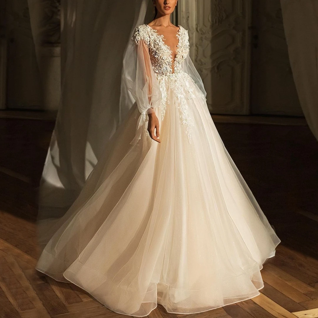 Сексуальное Свадебное Платье с V-образным вырезом 2021 длинными рукавами