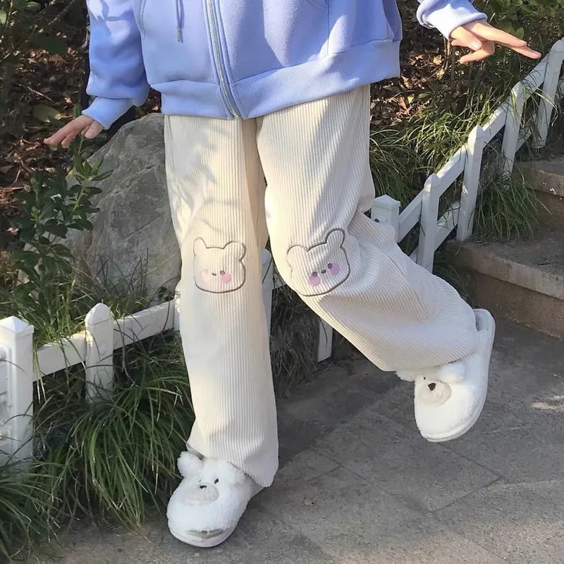 

Women Kawaii Pink Corduroy Pants Women Soft Girl Style Beige Loose Pants Lolita Cartoon Korean Fashion Sweet Wide Leg Pants