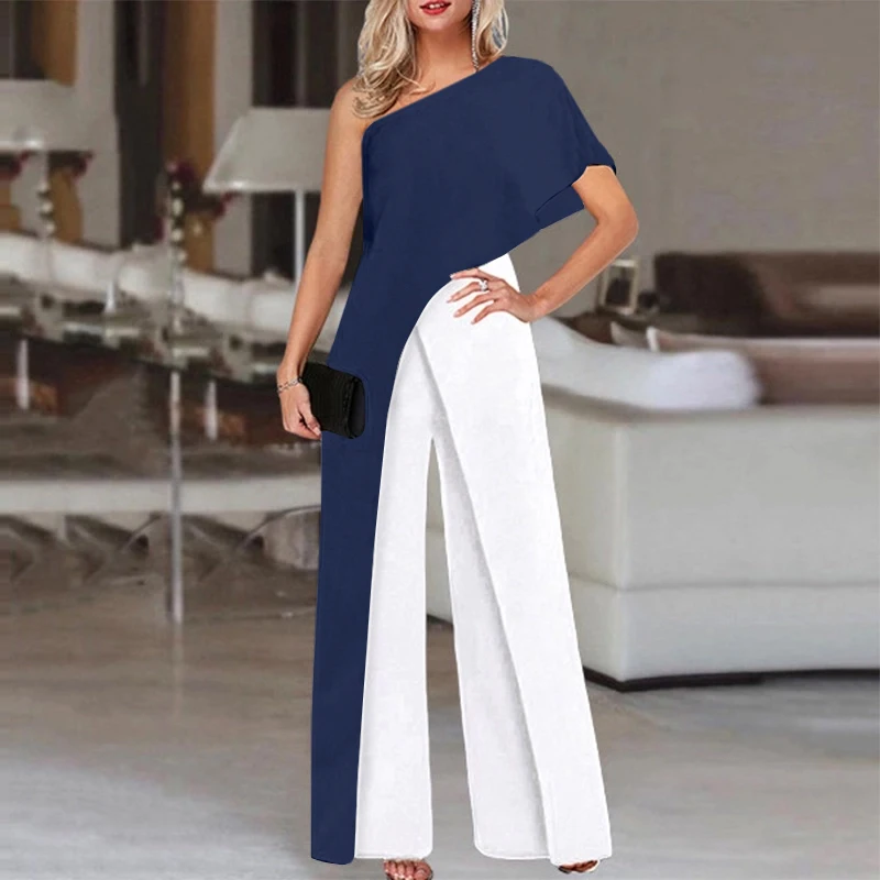 

Summer Long Jumpsuits Vintage Patchwork Playsuits VONDA 2022 Office Overalls Femme Sleeveless One Shoulder Loose Pantalones