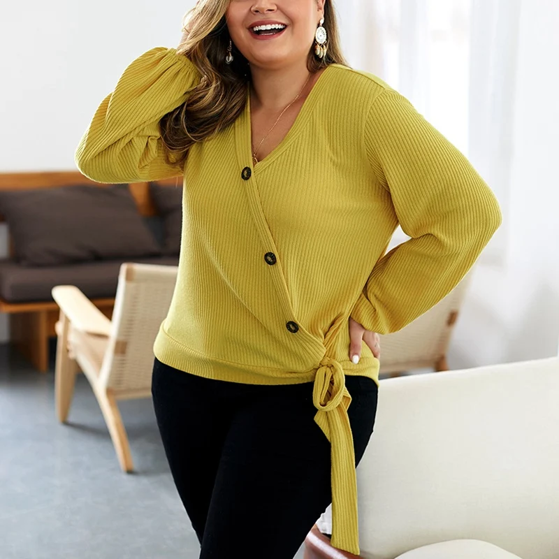 Autumn and winter large size women's 4XL 5XL 6XL 7XL 8XL solid color sexy V-neck fashion lantern sleeve sweater bust 129CM | Женская