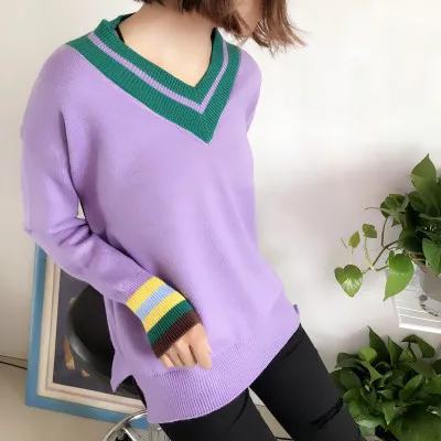 2019 свитер женский пуловер с v-образным вырезом в стиле пэчворк Повседневная