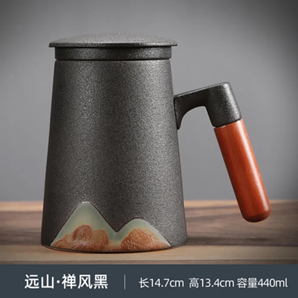 

440ml Ceramic Mug Retro Coffee Cup Office Water Cup Filter Tea Cup with Cover Cups and Mugs Wooden Handle Birthday Gift Box