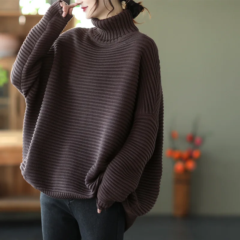 Johnature женский полосатый свитер с высоким воротником свободный Однотонный