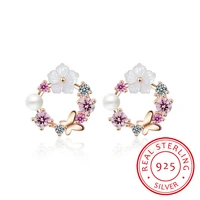 real 925 sterling silver earrings pretty butterfly colorful flowerswhite peal cubic zirconia crystal jewelry for women