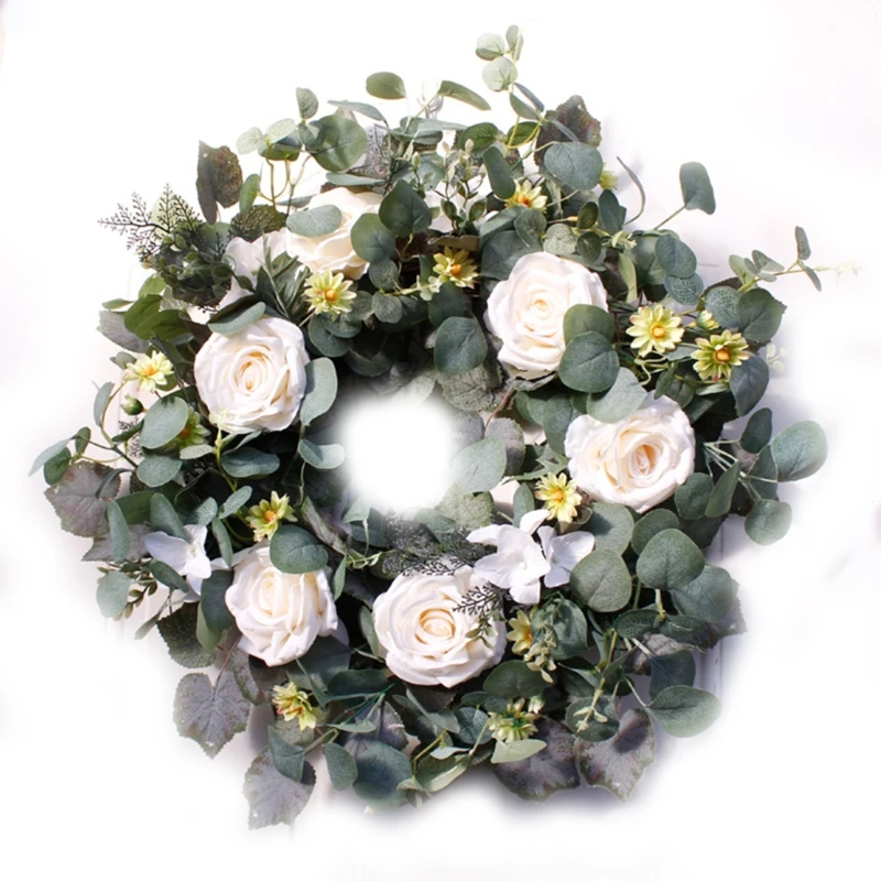 

22 дюймовый Искусственный белая роза входную дверь венок ручной работы венок для передней двери открытый стены дома вечерние Свадебный деко...