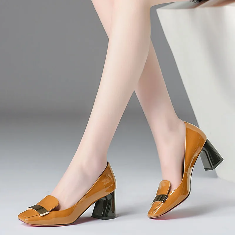 

Cow Fashion Leather Shallow Square Heels Big Size 43 Women Pumps Slip on Elegant Wedding Office Lady Party Metal Sexy Shoes