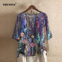 2021 summer vintage floral printed loose casual buttons blouse shirt elegant half sleeve o neck blouse streetwear women pullover