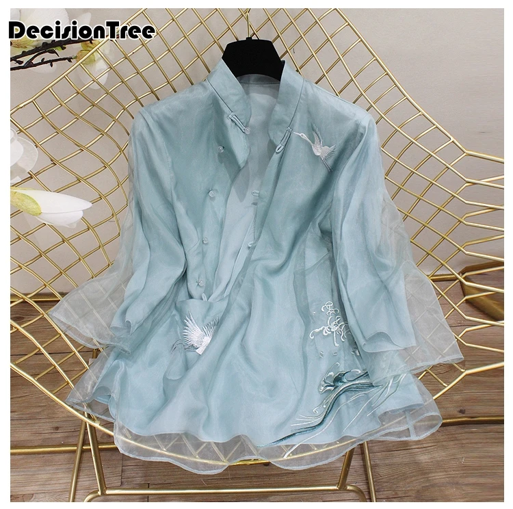 Китайская рубашка, традиционная китайская блузка, qipao Топ, шифон, длинный рукав, женские топы, чонсам, кружевная вышивка, блузка для девушек