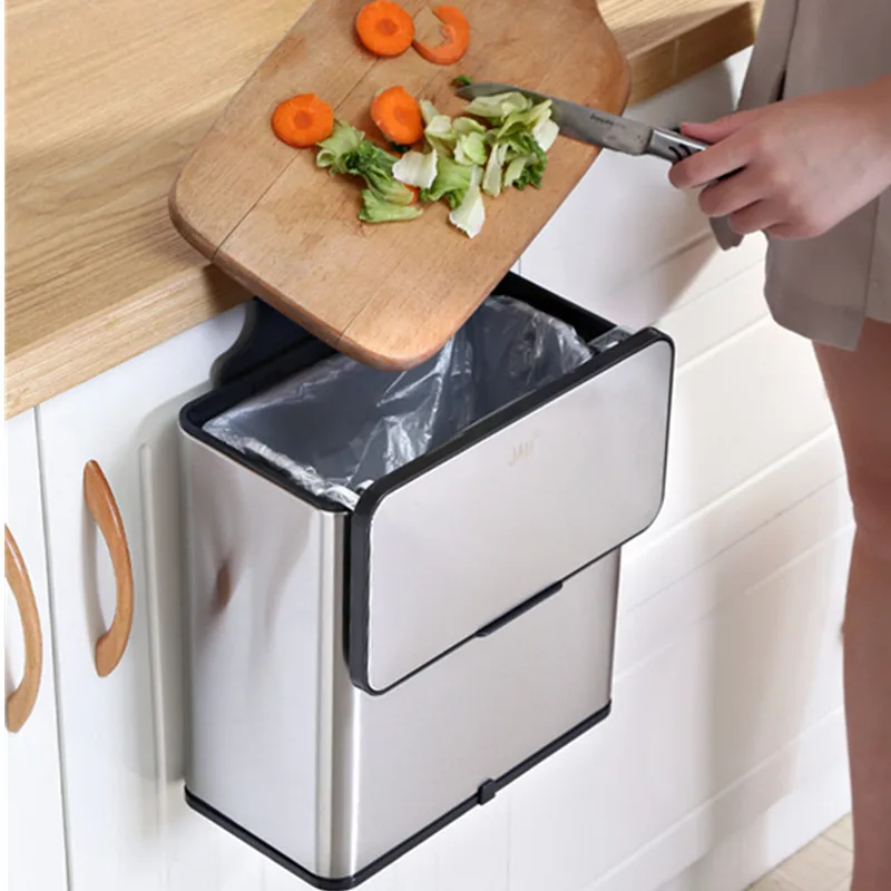 

Stainless Steel Kitchen Trash Can Dustbin Double Barrel Bathroom WC Wall Trash Bin With Movable Covers Folding Waste Bins
