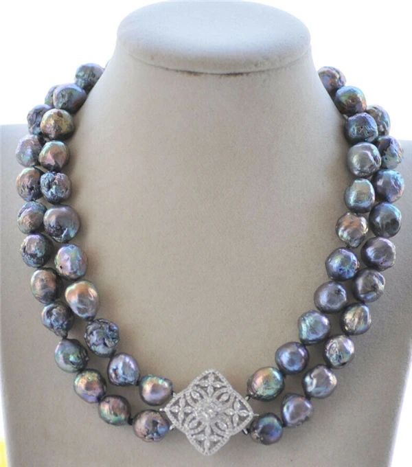 

2 ряда 12-14 мм почти круглый павлиний-черный Эдисон Кеши жемчужное ожерелье CZ застежка винтажные эффектные ювелирные изделия для женщин