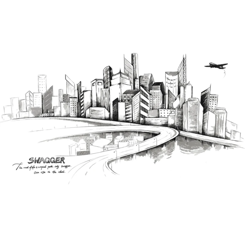 

Black Retro City Buildings Wall Stickers PVC DIY Mural Art for Living Room Sofa Decoration Background Decal