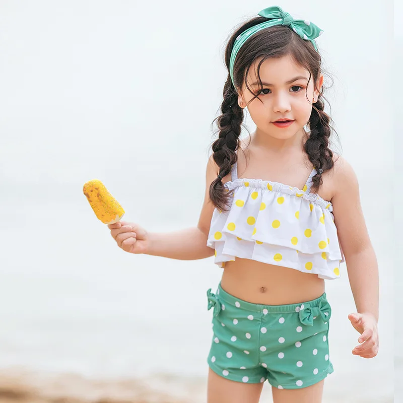 Купальный костюм в горошек с бантом и воланами для девочек детский купальник