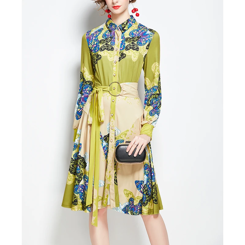 

WKFYY Elegant Chiffon Butterfly Print Belt Pleated Long Sleeve Single Breasted Slim Maxi Long Knee Dress Shirt Skirt D4182