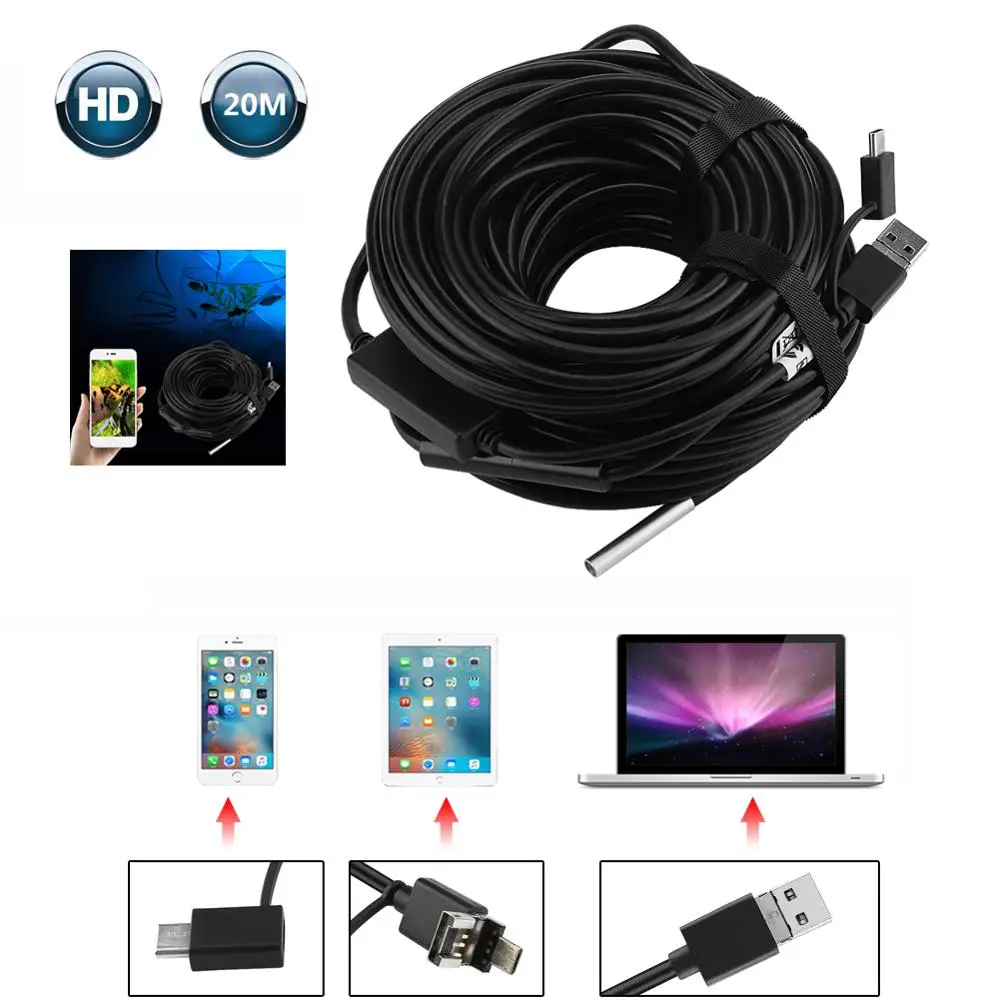 20 м эндоскоп Камера кабель 5 5mm USB с 720P HD Водонепроницаемый для Android ПК труба