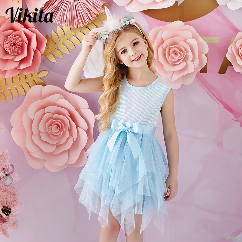 

VIKITA Girls Dress Summer Girls Bow-Knot Clothes Kids Lace Tulle Vestidos Children Princess Dress Party Sleeveless Dresses