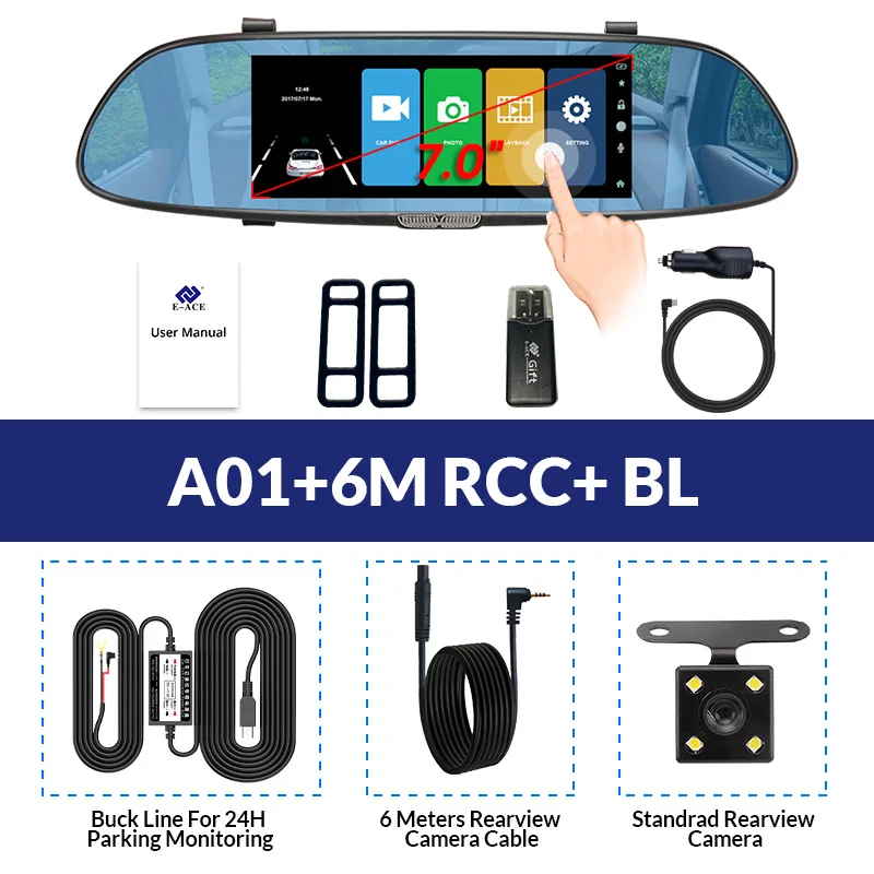 E-ACE Автомобильный видеорегистратор FHD 1080P Dashcam 7 дюймов dvr зеркало видео рекордер автомобильная камера с камерой заднего вида авто регистратор Dvrs видеорегистратор